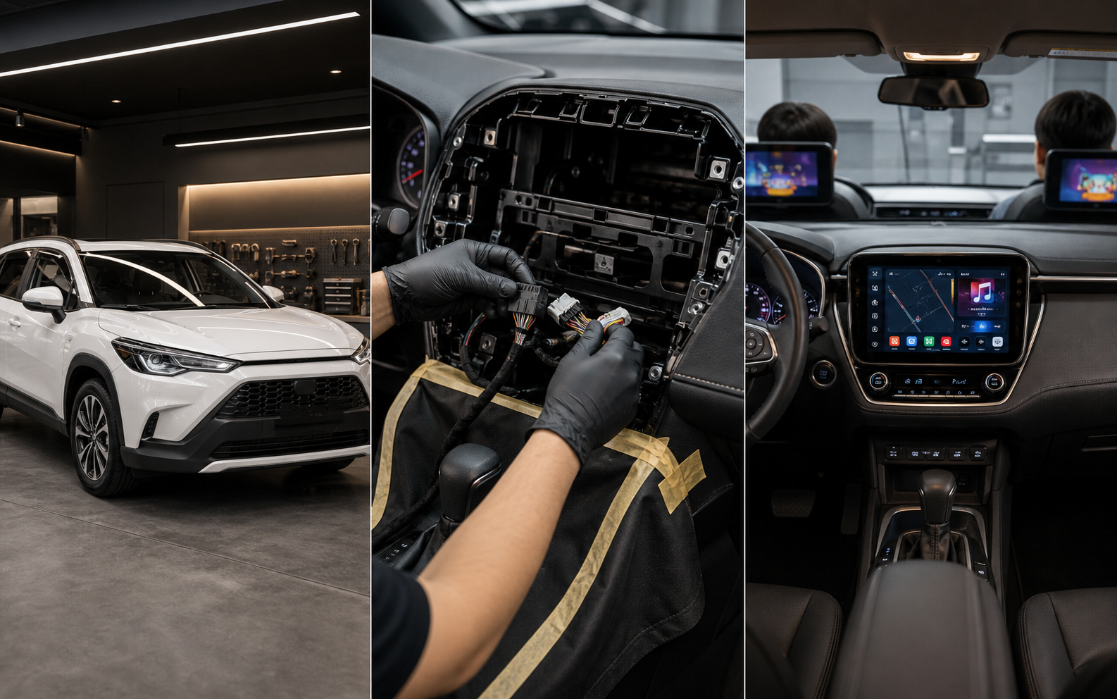 Toyota Corolla Cross 2023 安卓主機安裝示意，包含車輛、儀表施工與完工座艙