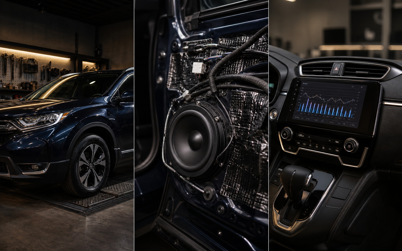 Honda CR-V 2018 音響與安卓主機安裝示意，包含車輛、喇叭施工與完工畫面