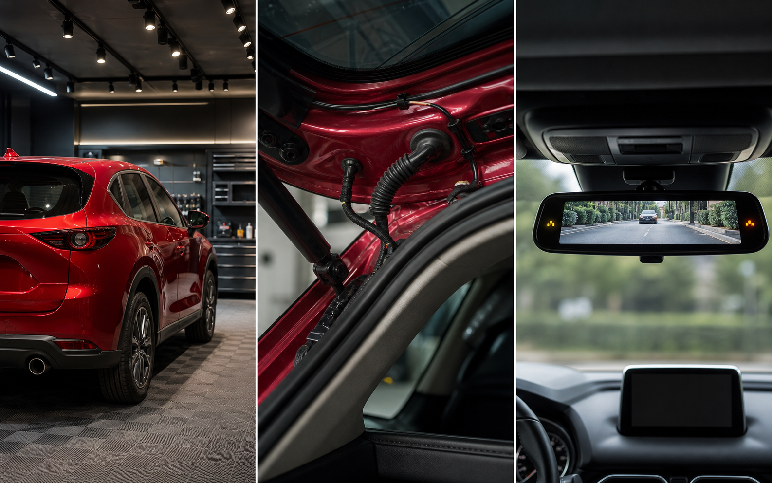 Mazda CX-5 2019 電子後視鏡與後鏡頭安裝示意，包含車輛、尾門走線與完工畫面