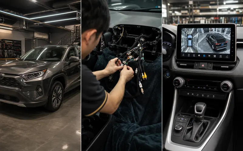 Toyota RAV4 2021 安卓主機與 360 環景安裝示意，包含車輛、施工線組與完工畫面